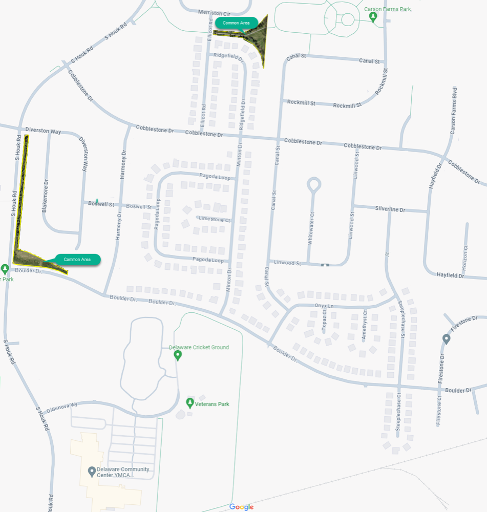 Map of the Willowbrook community showing streets and the two common areas