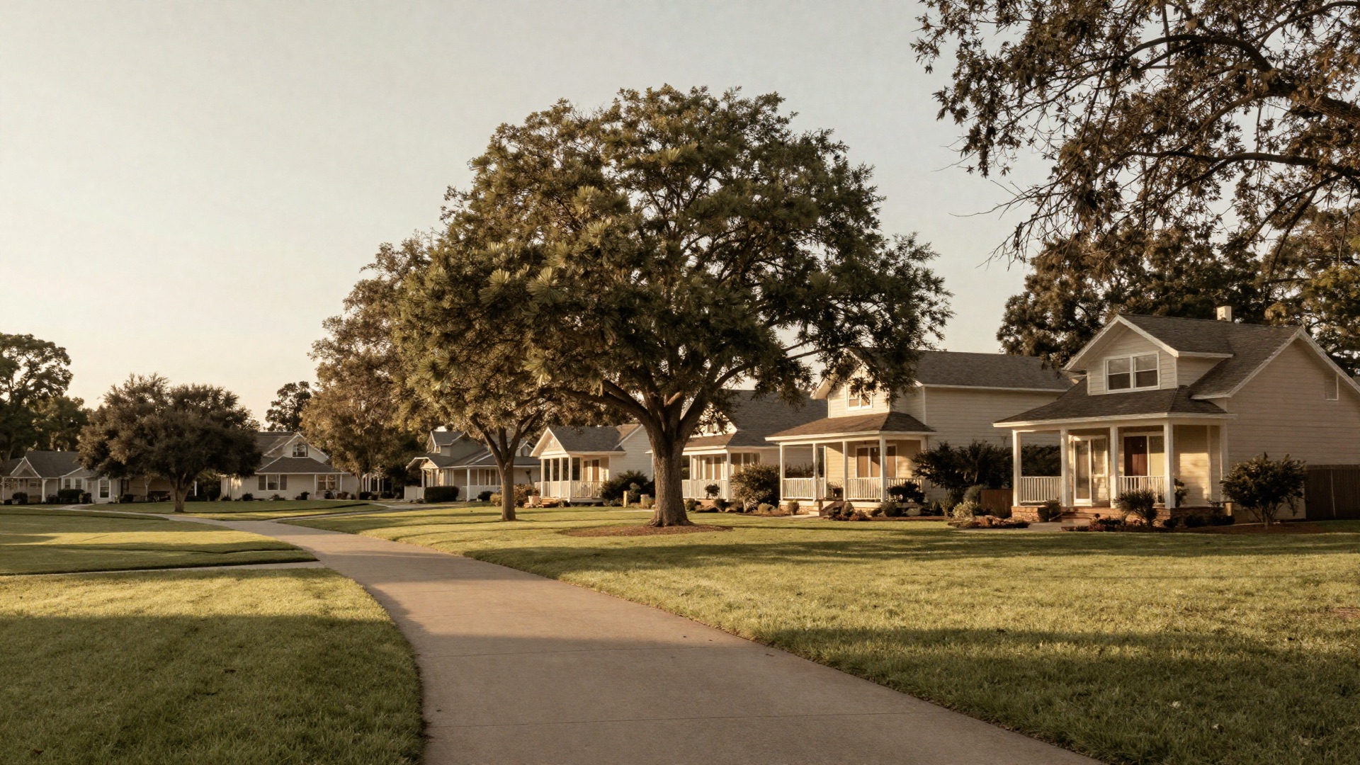 A tree-lined Willowbrook street at golden hour with craftsman homes and a community walking path